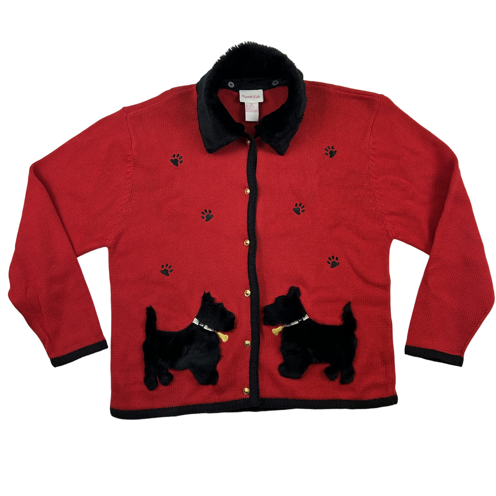 Vintage Crystal Kobe Sweater Womens Medium Dog Scottie Faux Fur Collar Holiday
